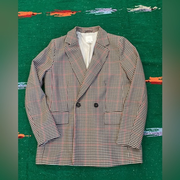 H&M Blazer Womens 10 Black Offwhite Houndstooth Pockets Double Button - Picture 1 of 3